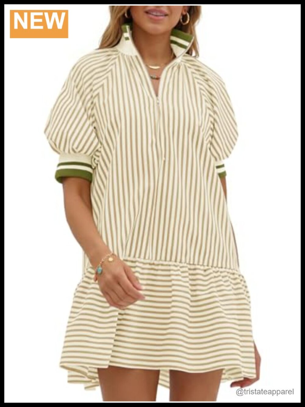 Women Puff Sleeve Striped Half Zip Mini Dress Loose Fit Pockets